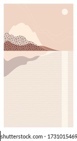 Abstract sea landscape. Beautiful background, scenery with sun and mountains. Warm, pastel colors. Trendy, modern template for posters, stories, banners. Elegant design