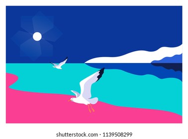 Abstract sea landscape with gulls. Sea coast, sky, sun, gulls. Vector illustration