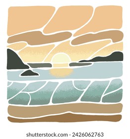 Abstract sea landscape in minimal style. Seascape with sunset on horizon. Seashore view, wave on water, sand beach. Summer nature of coast. Modern boho art. Hand drawing flat vector illustration