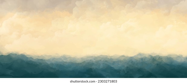 Abstract sea landscape wall art vector background. Sky, clouds and storm. Sea decoration collection design for interior, flyers, poster, cover, banner. Modern hand draw painting for design interior.	