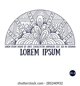 Abstract sea life zentangle with algae and coral. Sample logo for travel agency, tropic adventure. Good for cards, invitations, t-shirt, cover for notebook. Vector illustration.