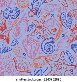 Abstract sea ornament. Sketches of starfishes, shells, stones, seaweed, coral. Vector seamless pattern of underwater life. Retro outline style design.