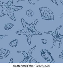 Abstract sea ornament. Sketches of starfishes, shells, stones. Vector seamless pattern of underwater life. Retro outline style design.