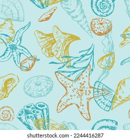 Abstract sea ornament. Sketches of starfishes, shells, stones, seaweed, coral. Vector seamless pattern of underwater life. Retro outline style design.