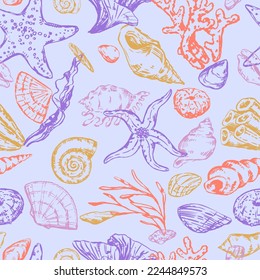 Abstract sea ornament. Sketches of starfishes, shells, stones, seaweed, coral. Vector seamless pattern of underwater life. Retro outline style design.