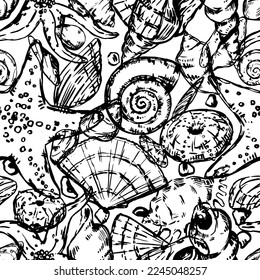 Abstract sea ornament. Sketches of starfishes, shells, stones, seaweed, coral. Vector seamless pattern of underwater life. Retro outline style design.
