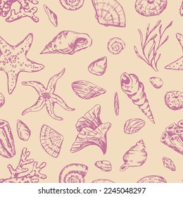 Abstract sea ornament. Sketches of starfishes, shells, stones, seaweed, coral. Vector seamless pattern of underwater life. Retro outline style design.