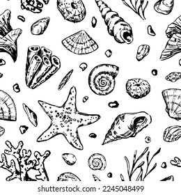 Abstract sea ornament. Sketches of starfishes, shells, stones, seaweed, coral. Vector seamless pattern of underwater life. Retro outline style design.