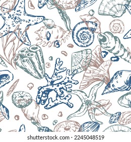 Abstract sea ornament. Sketches of starfishes, shells, stones, seaweed, coral. Vector seamless pattern of underwater life. Retro outline style design.