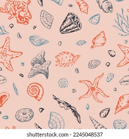 Abstract sea ornament. Sketches of starfishes, shells, stones, seaweed, coral. Vector seamless pattern of underwater life. Retro outline style design.