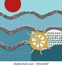 Abstract sea pattern with gold glitter helm of the ship. Template frame design for banner, placard, invitation