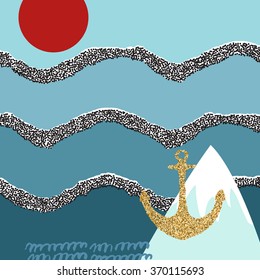 Abstract sea pattern with gold glitter anchor. Template frame design for banner, placard, invitation