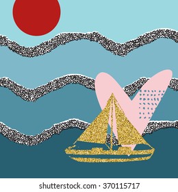 Abstract sea pattern with gold glitter boat. Template frame design for banner, placard, invitation