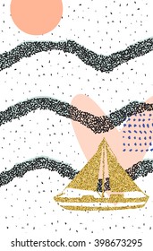 Abstract sea pattern with gold glitter boat. Template frame design for banner, placard, invitation, poster, card