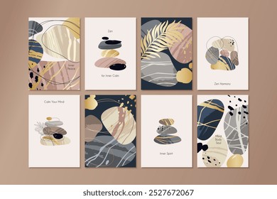 Abstract sea pebbles compositions. Balancing stones pyramids, minimalist design, different textures and plants elements, posters spa natural collection, wall art or print, tidy vector cards set