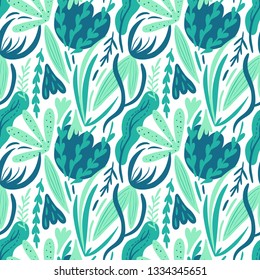 Abstract sea plants seamless hand drawing vector pattern