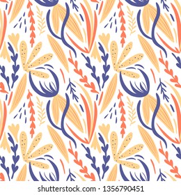 Abstract sea plants seamless hand drawing vector pattern. Endless doodle floral print on white background