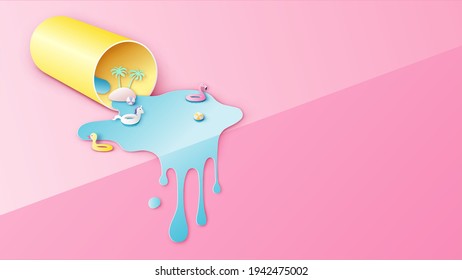 Abstract of sea scenery in a spilled glass with beach equipment and water splash. Creative design for sea view in a water glass. paper cut and craft style. vector, illustration.