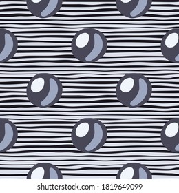 Abstract sea seamless pattern with perls doodle shapes. Dark purple geometric sphere ornament on stripped background. Perfect for wallpaper, textile, wrapping paper, fabric print. Vector illustration.