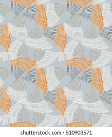 Abstract sea shell gray and orange.Hand drawn with ink seamless background.Creative handmade repainting design for fabric or textile.Geometric pattern made of striped triangular shapes.Vintage retro 