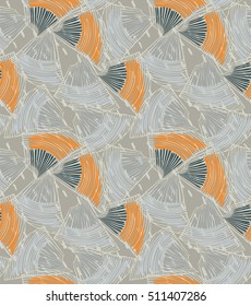 Abstract sea shell gray textured.Hand drawn with ink seamless background.Creative handmade repainting design for fabric or textile.Geometric pattern made of striped triangular shapes.Vintage colors.