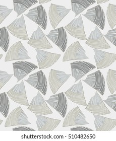 Abstract sea shell gray.Hand drawn with ink seamless background.Creative handmade repainting design for fabric or textile.Geometric pattern made of striped triangular shapes.Vintage retro colors.