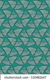 Abstract sea shell on green.Hand drawn with ink seamless background.Creative handmade repainting design for fabric or textile.Geometric pattern made of striped triangular shapes.Vintage retro colors.