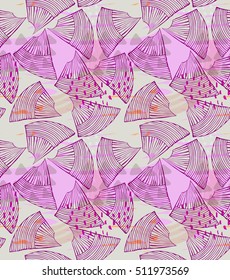 Abstract sea shell purple with dots.Hand drawn with ink seamless background.Creative handmade repainting design for fabric or textile.Geometric pattern made of striped triangular shapes.Vintage colors