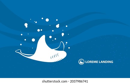 Abstract Sea stingray banner template. White vector manta with air bubbles and algae on an blue abstract sea background.