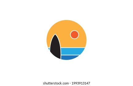 abstract sea sunset with surf board logo vector icon illustration design