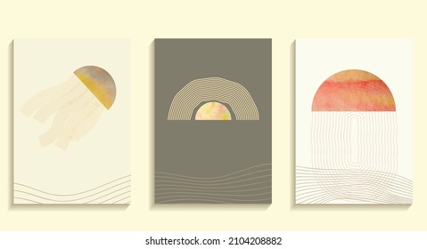 atardecer marino abstracto, con peces gelatina, banderas vectoriales a4 con textura acuarela