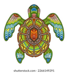 Resumen de la tortuga marina que se acercan con elementos de garabatos. Ilustración de color vectorial aislada en fondo blanco. Diseño, impresión, decoración, tatuaje, camiseta, rompecabezas, póster, porcelana y emoticones