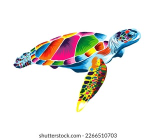 Abstract Sea turtle from multicolored paints. Splash of watercolor, colored drawing, realistic. Vector illustration of paints