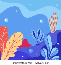 Abstract sea underwater background with copy space for text. Merine ocean life. Vector illustration of undersea life