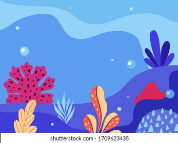 Abstract sea underwater background with copy space for text. Merine ocean life. Vector illustration of undersea life