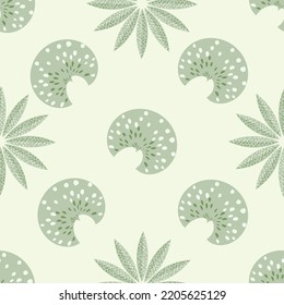 Abstract sea urchin shell and starfish seamless vector pattern. Simple light green background with spiny marine vertebrate animal. Ocean creatures backdrop. Repeat for sea food, sushi, eating