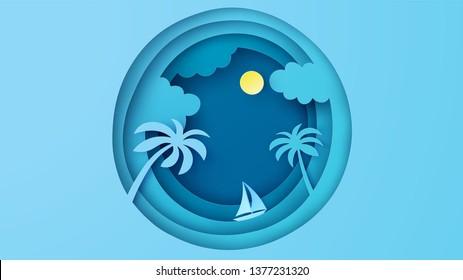 Abstract sea view with a floating sailing boat in the sea. Sea view in paper layer cut. paper cut and craft style. vector, illustration.