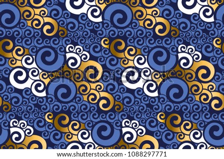 Abstract sea water seamless pattern. Art Nouveau gold and blue abstract wave repeatable motif for background, fabric, wrapping paper. Vintage style stock vector illustration. 
