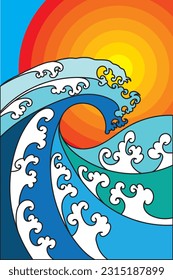 Abstract of sea wave and sun gradient color with blue background.