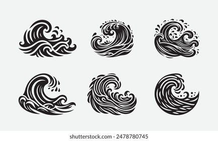Abstract sea wave vector collection isolated on white background