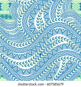 Abstract sea waves background. Ethnic seamless pattern ornament, blue geometric shapes. Tribal motives. Vector illustration.