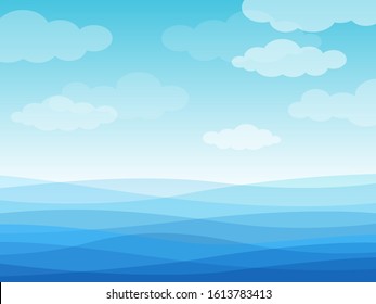 Abstract Sea Waves. Blue Wavy Ocean, Sky And White Clouds, Flowing River Water Landscape Wallpaper Design, Creative Vector Cartoon Waterline Surface Background