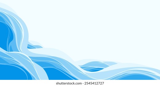 Abstract Sea Waves in Cartoon Flat Style with Blue Tones Isolated on a White Background. Clear Sky. Vector banner design with ocean waves