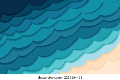 Abstract sea waves. nautical background in paper cut style. Marine wallpaper. 3d wallpaper with cut out waves. Blue color layers with smooth shadow papercut art. Origami geometric shapes