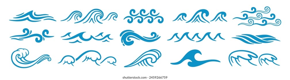 Abstract sea waves. Ocean silhouette aqua curlicues, ripples, curls, splashes. Turquoise and blue water marine icons for graphic design. Logo template. Vector set. Tsunami or stormy weather