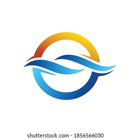 abstract sea waves on circle with sun silhouette