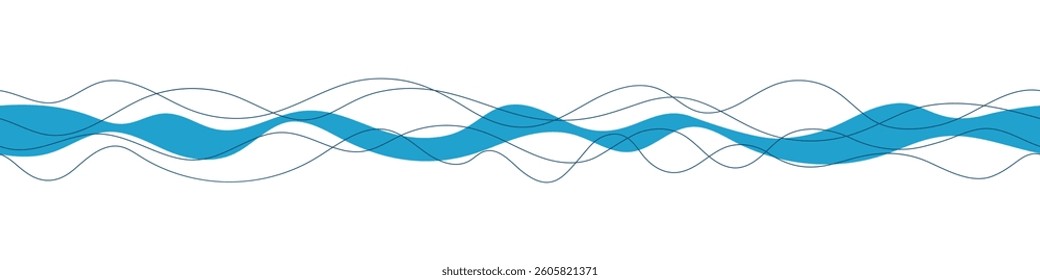 Abstract sea waves stylization, seamless border, isolated on white background