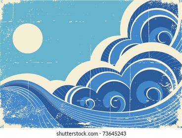 Abstract sea waves. Vector grunge illustration of sea landscape
