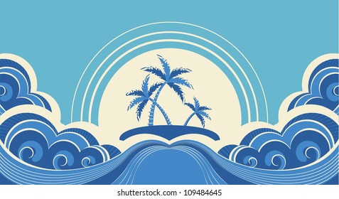 Abstract sea waves. Vector illustration of tropical palms on island