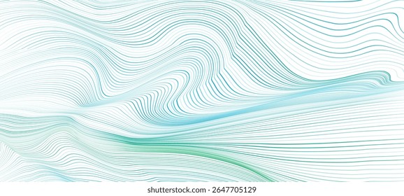 Ilustração vetorial de ondas marítimas abstratas com linhas dinâmicas criando superfície oceânica tranquila. Gráficos marinhos limpos para temas de viagem, conceito de água para design ambiental. 